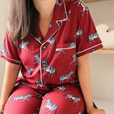 Women's Bamboo Pyjama Long Set - Burgundy Zebra