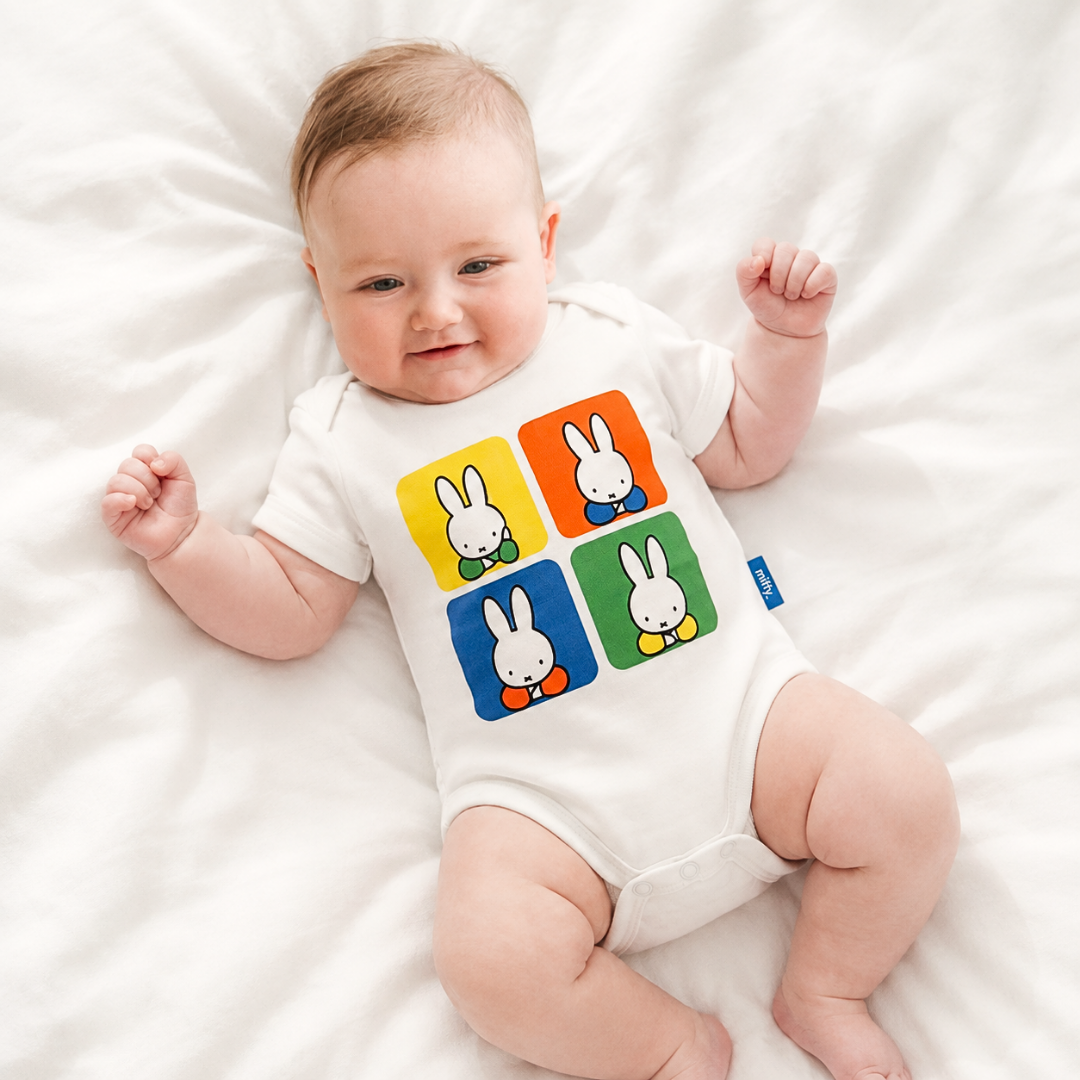 Baby wearing the Retro Miffy pop-art bamboo baby bodysuit