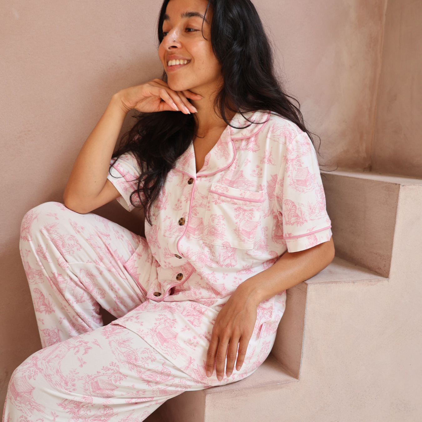Ladies Pyjamas Set Pink Toile de Jouy