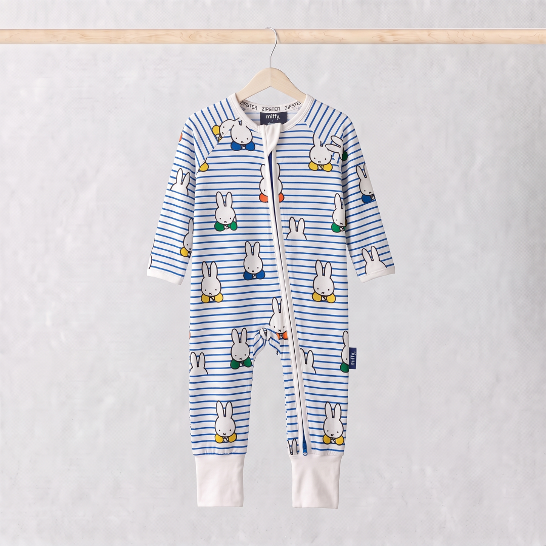 ZIPSTER x Miffy Peek-a-Boo Blue bamboo babygrow, front view